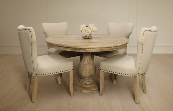 HomeRoots Five Piece Natural Solid Wood Dining Set with Round Table & Ivory Upholstered Chairs for Comfort 602202