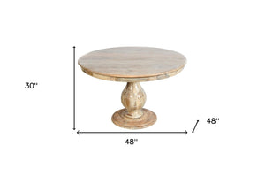 HomeRoots Five Piece Natural Solid Wood Dining Set with Round Table & Ivory Upholstered Chairs for Comfort 602202