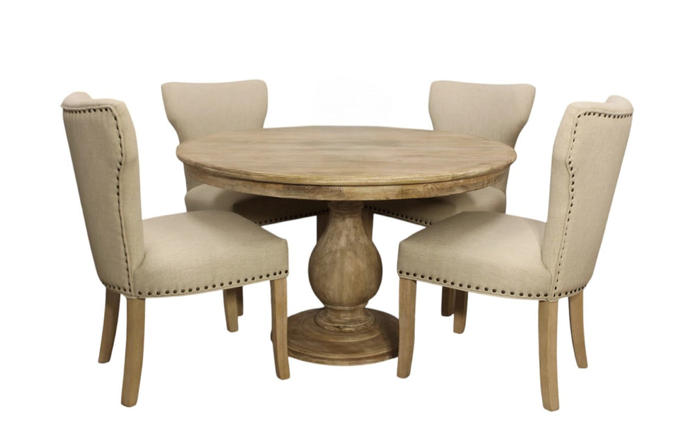 HomeRoots Five Piece Natural Solid Wood Dining Set with Round Table & Ivory Upholstered Chairs for Comfort 602202