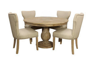 HomeRoots Five Piece Natural Solid Wood Dining Set with Round Table & Ivory Upholstered Chairs for Comfort 602202