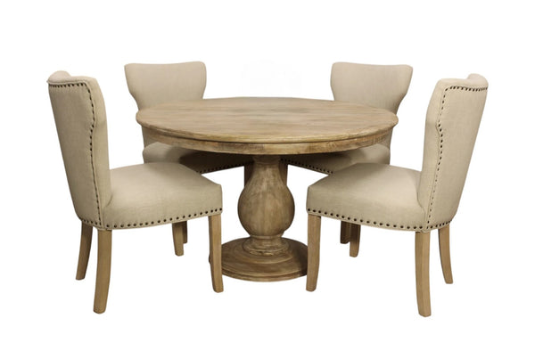 HomeRoots Five Piece Natural Solid Wood Dining Set with Round Table & Ivory Upholstered Chairs for Comfort 602202