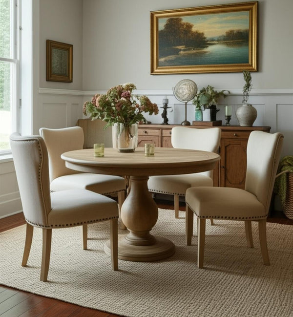 HomeRoots Five Piece Natural Solid Wood Dining Set with Round Table & Ivory Upholstered Chairs for Comfort 602202