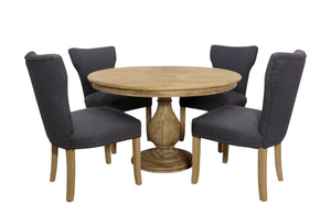 HomeRoots Five Piece Natural Round Solid Wood Dining Set with Linen Chairs for Rustic Charm & Comfort 602203