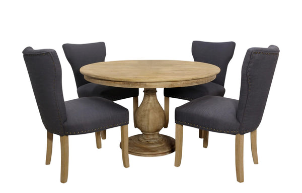 HomeRoots Five Piece Natural Round Solid Wood Dining Set with Linen Chairs for Rustic Charm & Comfort 602203