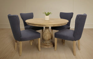 HomeRoots Five Piece Natural Round Solid Wood Dining Set with Linen Chairs for Rustic Charm & Comfort 602203