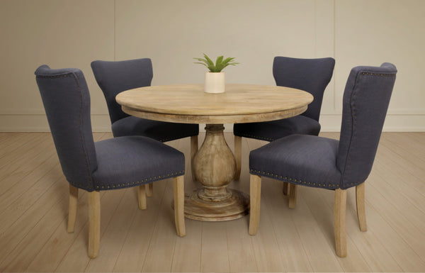 HomeRoots Five Piece Natural Round Solid Wood Dining Set with Linen Chairs for Rustic Charm & Comfort 602203