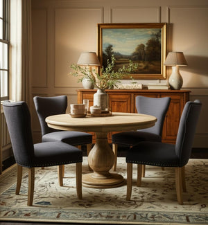 HomeRoots Five Piece Natural Round Solid Wood Dining Set with Linen Chairs for Rustic Charm & Comfort 602203