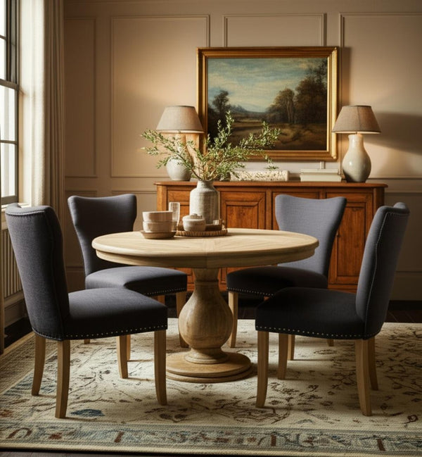 HomeRoots Five Piece Natural Round Solid Wood Dining Set with Linen Chairs for Rustic Charm & Comfort 602203
