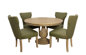 HomeRoots Five-Piece Natural Solid Wood Dining Set: Round Table & 4 Linen Upholstered Chairs for Cozy Spaces 602204