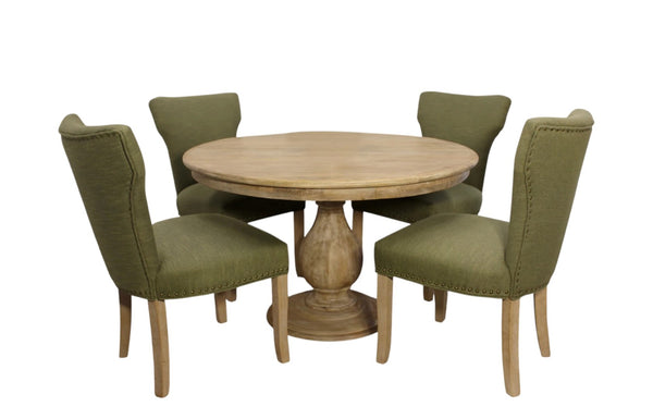 HomeRoots Five-Piece Natural Solid Wood Dining Set: Round Table & 4 Linen Upholstered Chairs for Cozy Spaces 602204