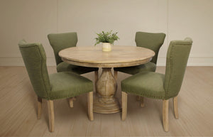 HomeRoots Five-Piece Natural Solid Wood Dining Set: Round Table & 4 Linen Upholstered Chairs for Cozy Spaces 602204