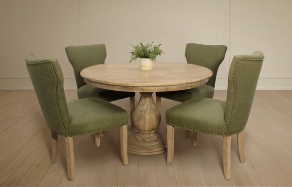 HomeRoots Five-Piece Natural Solid Wood Dining Set: Round Table & 4 Linen Upholstered Chairs for Cozy Spaces 602204