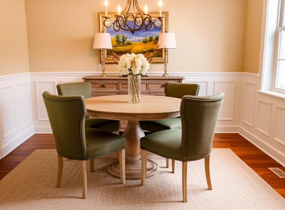 HomeRoots Five-Piece Natural Solid Wood Dining Set: Round Table & 4 Linen Upholstered Chairs for Cozy Spaces 602204