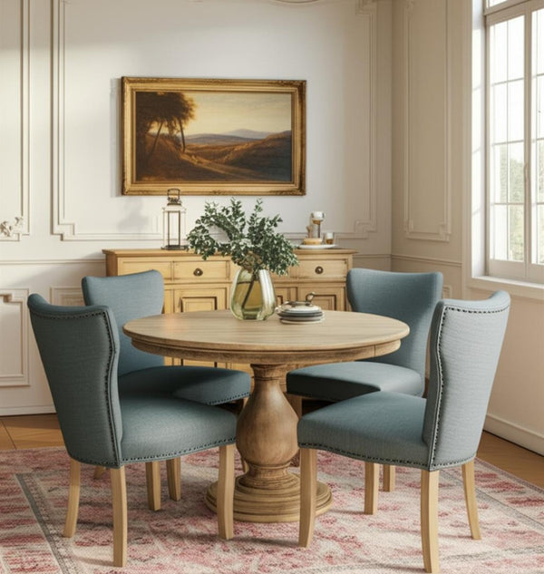 HomeRoots Five-Piece Natural Solid Wood Dining Set: Round Table & Upholstered Chairs for Cozy Gatherings 602205