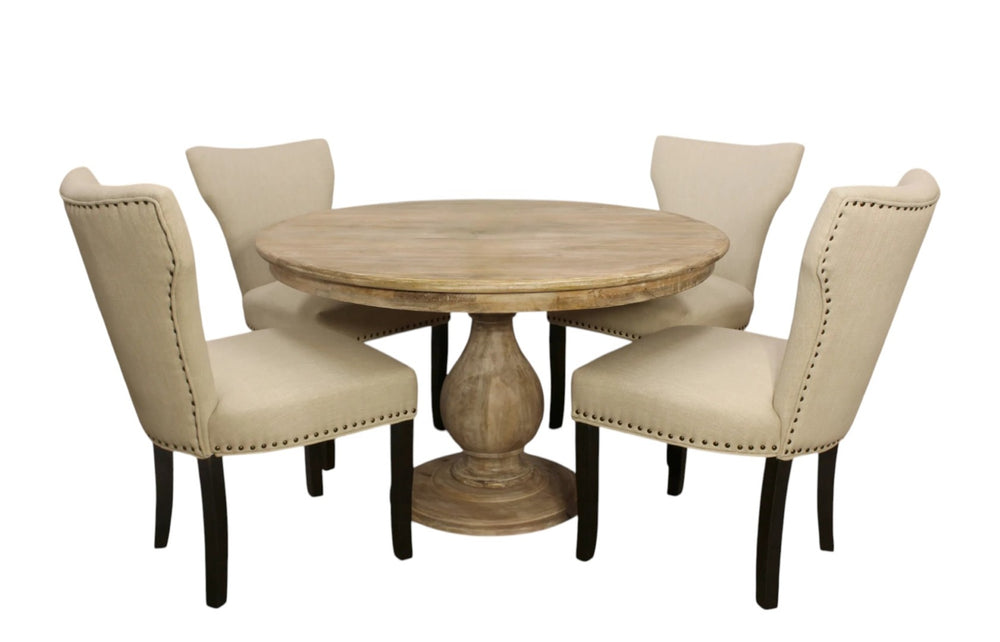 HomeRoots Five Piece Natural Solid Wood Round Dining Set with Four Upholstered Chairs for Rustic Charm 602206