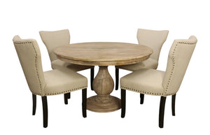 HomeRoots Five Piece Natural Solid Wood Round Dining Set with Four Upholstered Chairs for Rustic Charm 602206