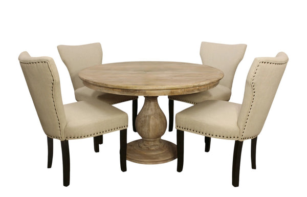 HomeRoots Five Piece Natural Solid Wood Round Dining Set with Four Upholstered Chairs for Rustic Charm 602206