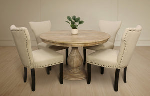HomeRoots Five Piece Natural Solid Wood Round Dining Set with Four Upholstered Chairs for Rustic Charm 602206