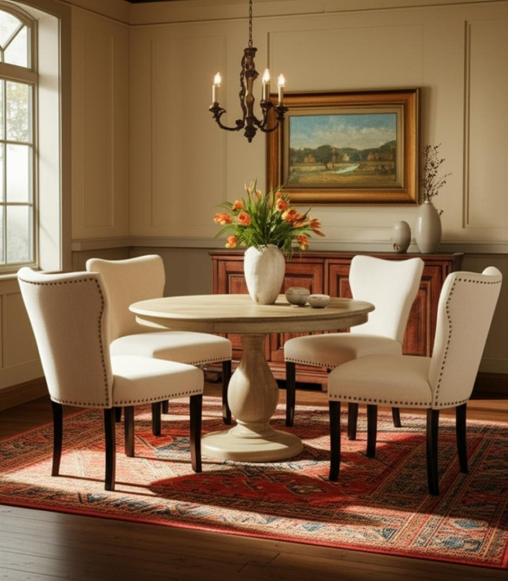 HomeRoots Five Piece Natural Solid Wood Round Dining Set with Four Upholstered Chairs for Rustic Charm 602206