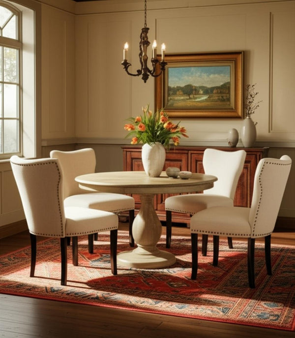 HomeRoots Five Piece Natural Solid Wood Round Dining Set with Four Upholstered Chairs for Rustic Charm 602206