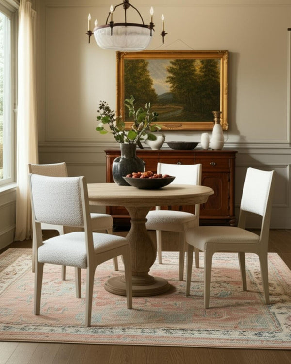 HomeRoots Five Piece Natural Round Solid Wood Dining Set - Cozy Rustic Charm with Upholstered Chairs 602209