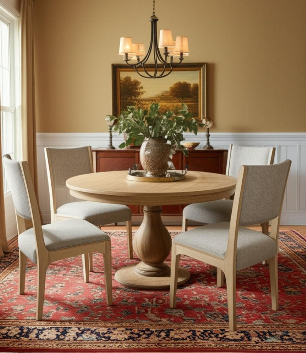 HomeRoots Five-Piece Natural Round Solid Wood Dining Set with Vintage Charm and Cozy Upholstered Chairs 602210