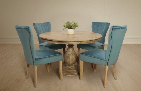 HomeRoots Five-Piece Natural Round Solid Wood Dining Set with Teal Upholstered Chairs for Cozy Gatherings 602211