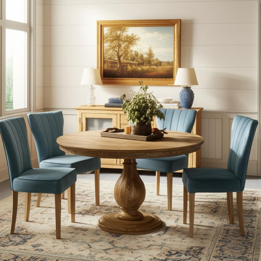 HomeRoots Five-Piece Natural Round Solid Wood Dining Set with Teal Upholstered Chairs for Cozy Gatherings 602211