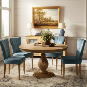 HomeRoots Five-Piece Natural Round Solid Wood Dining Set with Teal Upholstered Chairs for Cozy Gatherings 602211