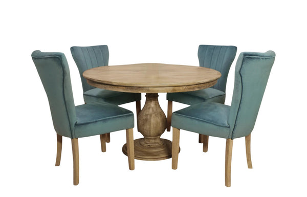 HomeRoots Five-Piece Natural Round Solid Wood Dining Set with Teal Upholstered Chairs for Cozy Gatherings 602211