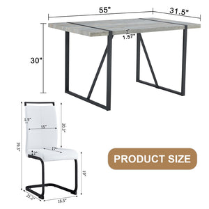 English Elm Table And Chair Set - Modern Grey Marble Mdf Dining Table With Metal Frame & 4 White Pu Chairs W1151S02685-GIGA