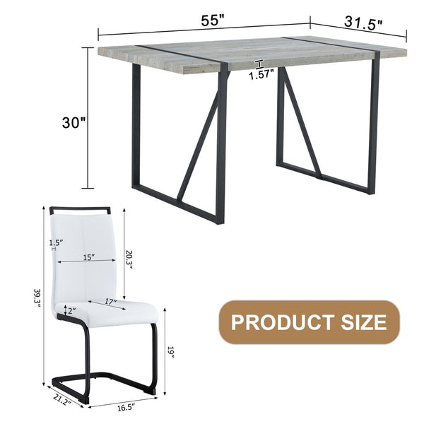English Elm Table And Chair Set - Modern Grey Marble Mdf Dining Table With Metal Frame & 4 White Pu Chairs W1151S02685-GIGA