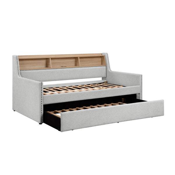 English Elm 1pc Light Gray Daybed with Pull-Out Trundle, Built-In Bookcase & Charging Ports, Nailhead Trim Modern Design B011S01718