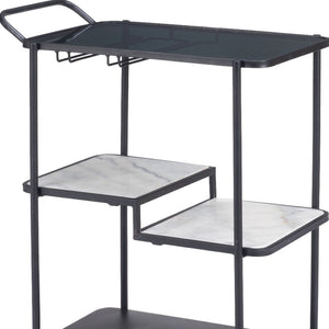 Homeroots 32" Elevate Your Entertaining With A Chic Black And White Steel Glass Marble Rolling Bar Cart   602231