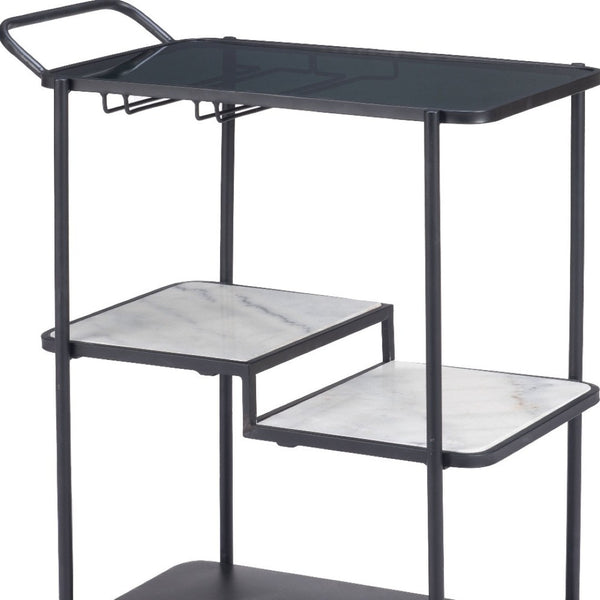 Homeroots 32" Elevate Your Entertaining With A Chic Black And White Steel Glass Marble Rolling Bar Cart   602231