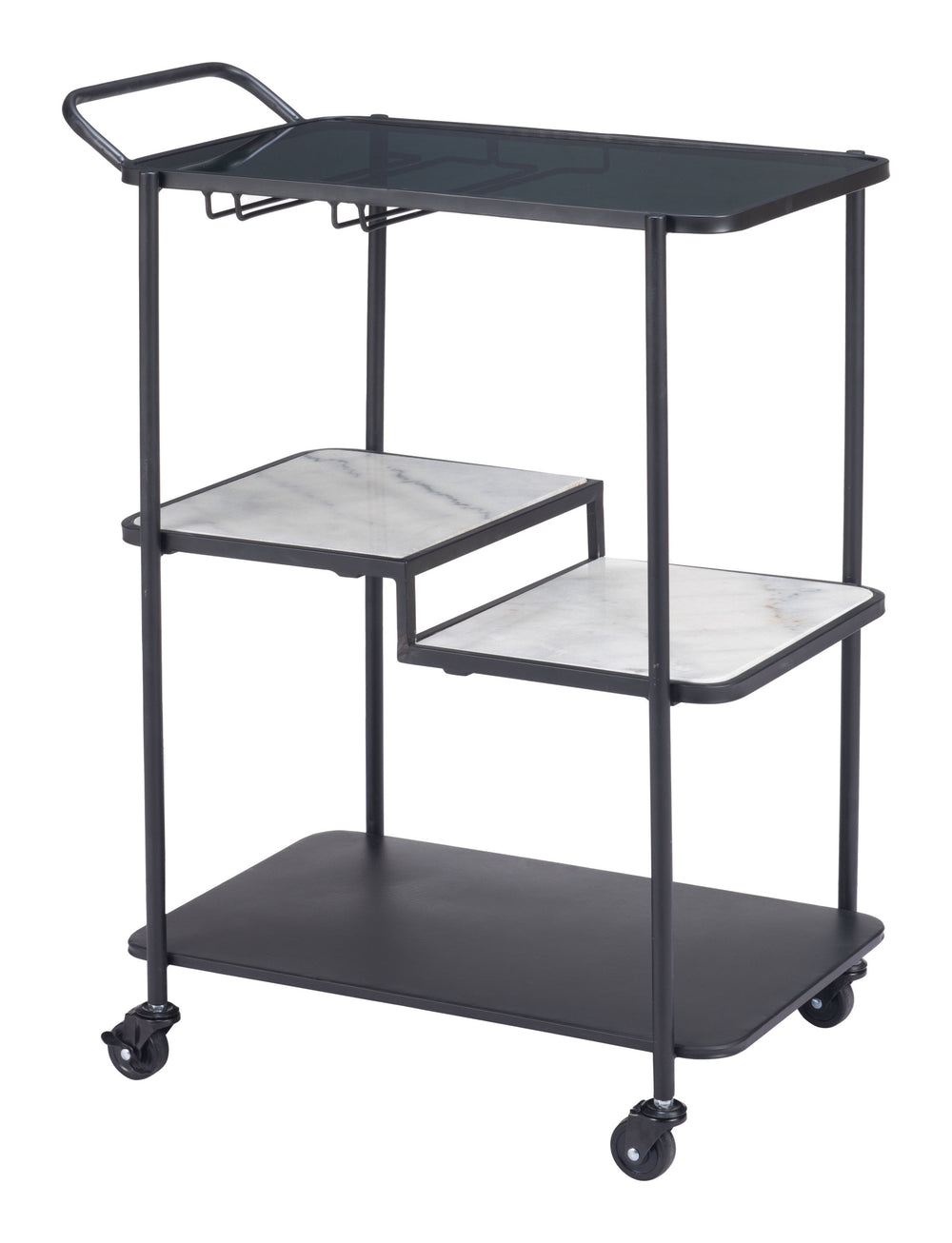 Homeroots 32" Elevate Your Entertaining With A Chic Black And White Steel Glass Marble Rolling Bar Cart   602231
