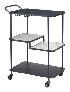 Homeroots 32" Elevate Your Entertaining With A Chic Black And White Steel Glass Marble Rolling Bar Cart   602231