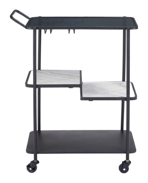 Homeroots 32" Elevate Your Entertaining With A Chic Black And White Steel Glass Marble Rolling Bar Cart   602231