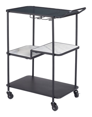 Homeroots 32" Elevate Your Entertaining With A Chic Black And White Steel Glass Marble Rolling Bar Cart   602231
