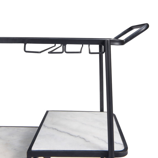 Homeroots 32" Elevate Your Entertaining With A Chic Black And White Steel Glass Marble Rolling Bar Cart   602231