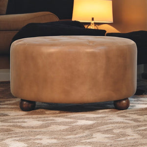 English Elm Brown Buffalo Hide Leather Round Ottoman — Hand-Finished Tufted Comfort on Solid Wood Feet, 34" Round B182P294021