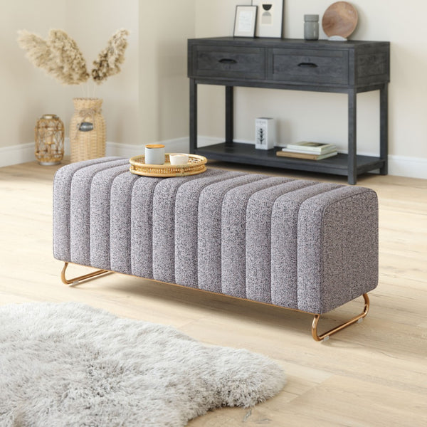 Homeroots 47" Stylish Gray And Gold Boucle Upholstered Bench – Chic Seating Solution For Any Space   602309