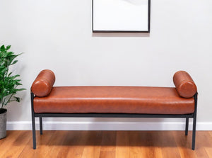 Homeroots 56" Brown Faux Leather Upholstered Bench With Black Steel Frame - Stylish Storage For Any Space   602311