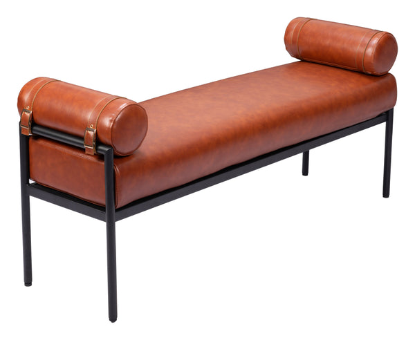 Homeroots 56" Brown Faux Leather Upholstered Bench With Black Steel Frame - Stylish Storage For Any Space   602311
