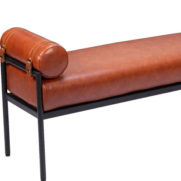 Homeroots 56" Brown Faux Leather Upholstered Bench With Black Steel Frame - Stylish Storage For Any Space   602311