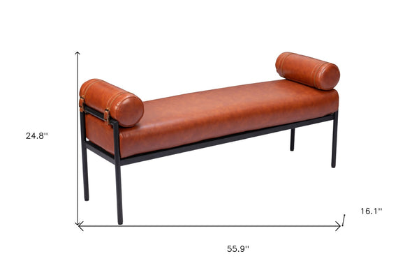Homeroots 56" Brown Faux Leather Upholstered Bench With Black Steel Frame - Stylish Storage For Any Space   602311