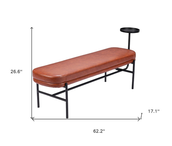 Homeroots 62" Brown Faux Leather Upholstered Bench With Drink Tray - Stylish Storage & Seating Solution!   602312
