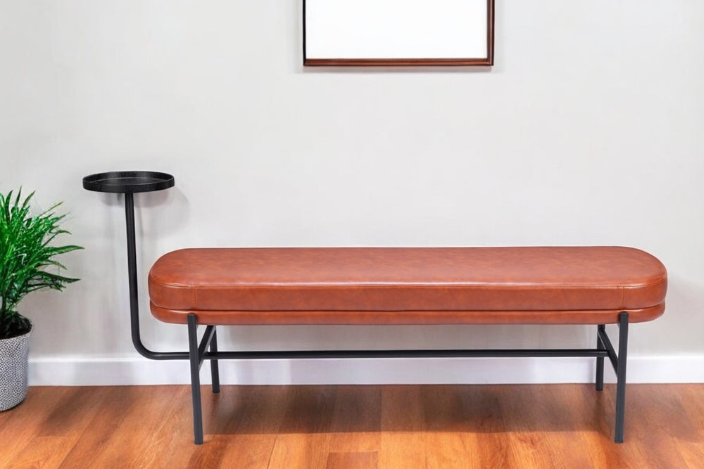 Homeroots 62" Brown Faux Leather Upholstered Bench With Drink Tray - Stylish Storage & Seating Solution!   602312