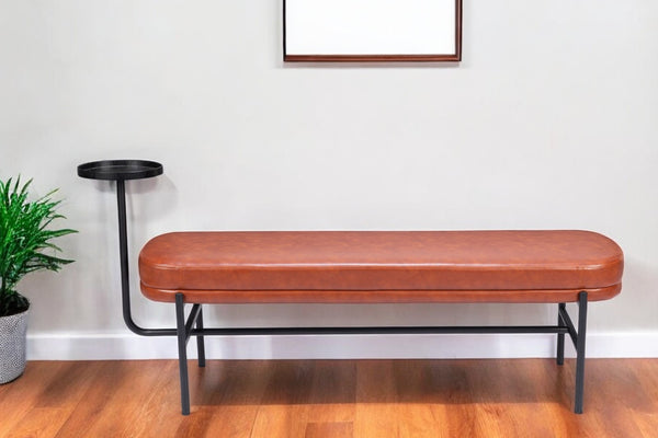 Homeroots 62" Brown Faux Leather Upholstered Bench With Drink Tray - Stylish Storage & Seating Solution!   602312