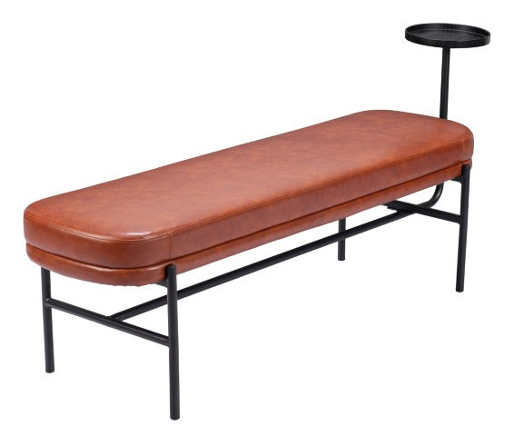Homeroots 62" Brown Faux Leather Upholstered Bench With Drink Tray - Stylish Storage & Seating Solution!   602312
